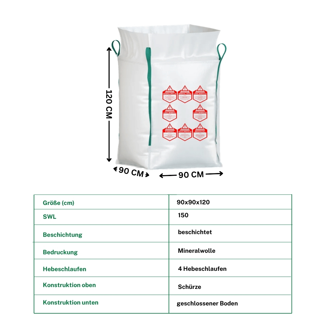 Bulk Bags - FIBC’s Big Bags - Dumpy Bags - Jumbo Bags - Mineral Wool Sacks - 90x90x120 cm Top Construction Skirt & Bottom Construction Closed SWL 150kg SF5:1 - Image 3